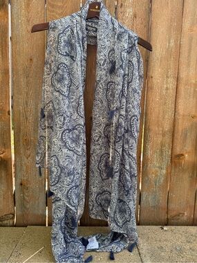 The Accessory Collective Navy White Paisley Scarf with Fringe